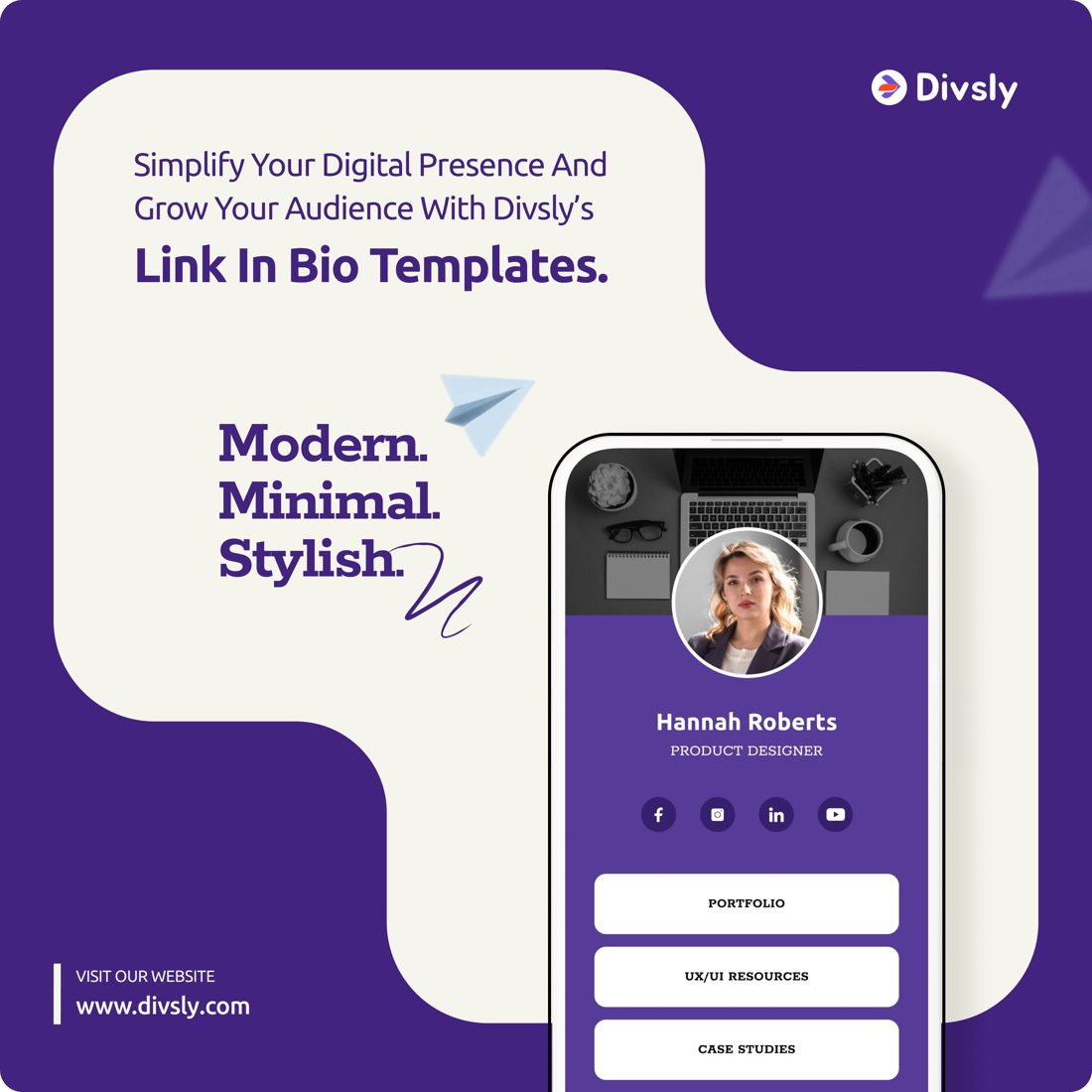 Divsly Link in Bio Templates creative showing a phone profile page
